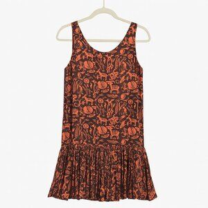 Kiko 100% Silk Black & Coral Tribal Print Sleeveless Drop Waist Dress – L